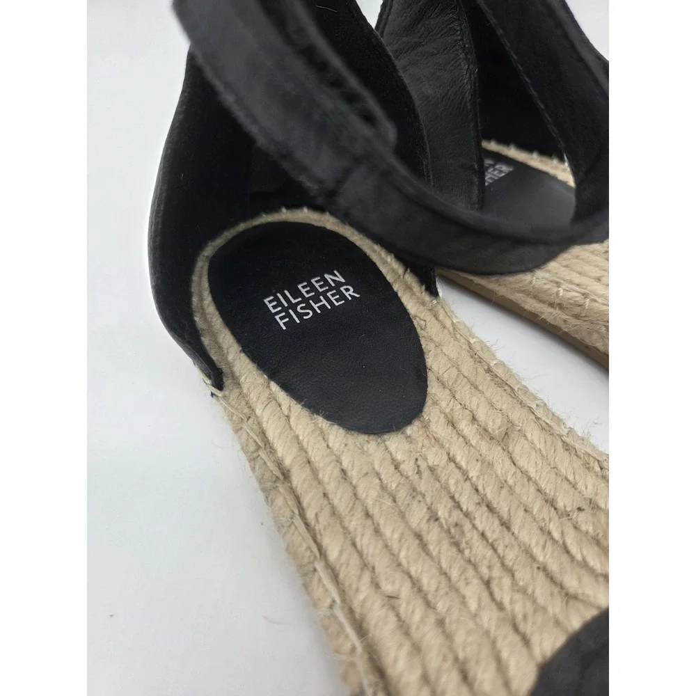 Eileen Fisher Black Lala Fisherman Sandal Ankle Strap Leather Black Sandal 7.5